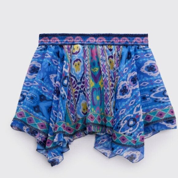 ZARA NWT Royal Blue/Multi Color Aztec Print Swing Asymmetric Mini Skirt Sz Small - Picture 5 of 13